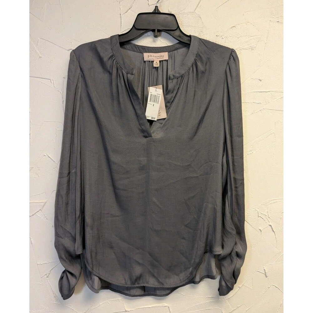 NWT Philosophy Republic Clothing Gray Ruched Long Sleeve Blouse Size M Split...
